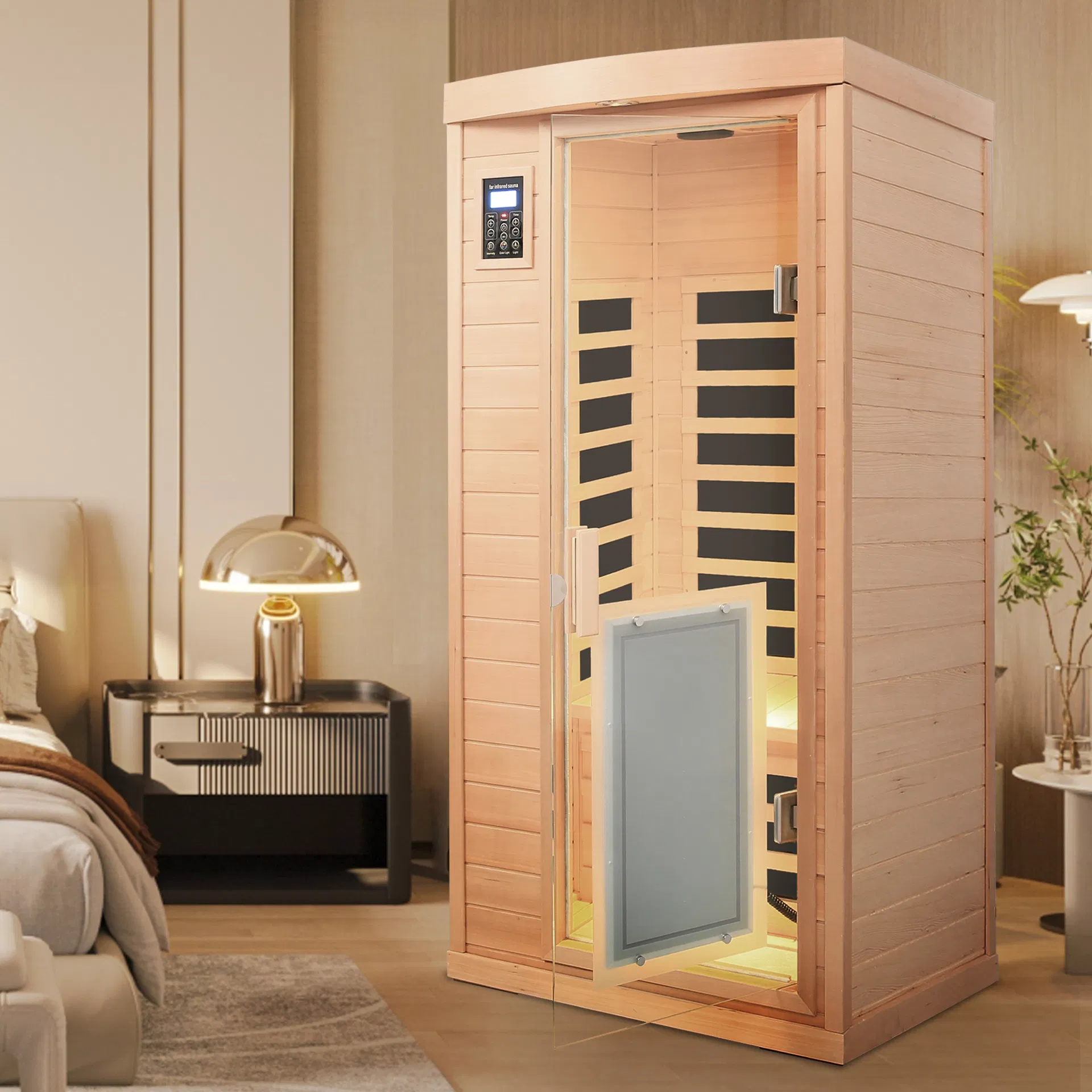 Low Emf, There Is Also a Heating Plate on The Glass Door, Hemlock Wood Far-Infrared Indoor One Person Sauna Room