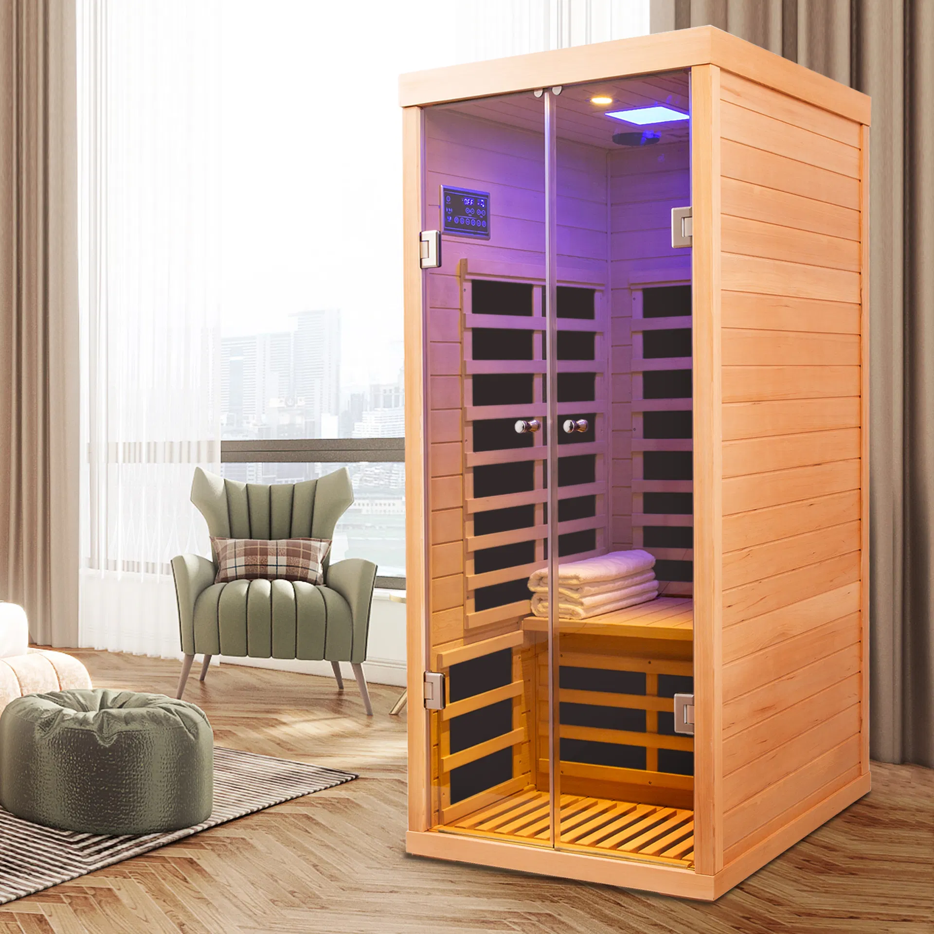 Low Emf One Person Wide Space Hemlock Double Doors Great Glass Luxury Indoor Far Infrared Sauna Room