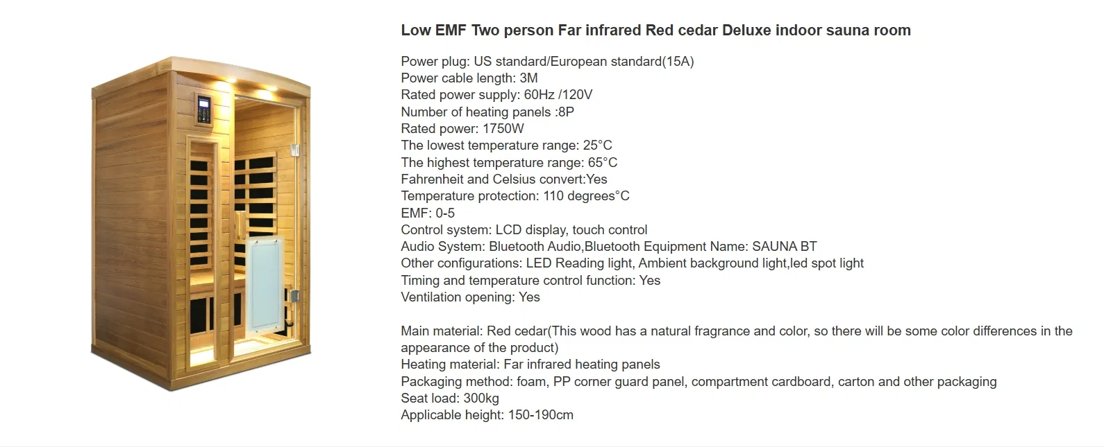 Low Emf Two Person Far Infrared Red Cedar Deluxe Indoor Sauna Room