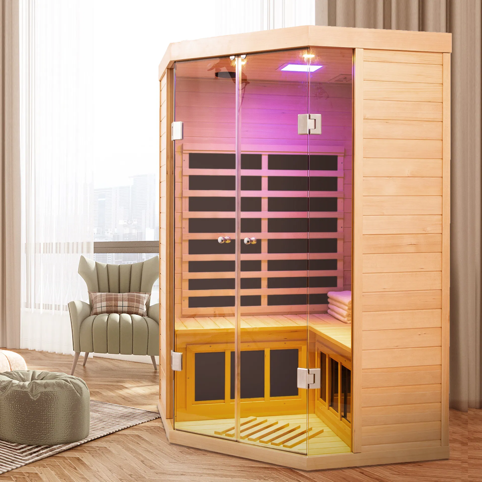 Two Persons Large Glass Front Deluxe Transparent Version Hemlock Far Infrared Corner Sauna Room