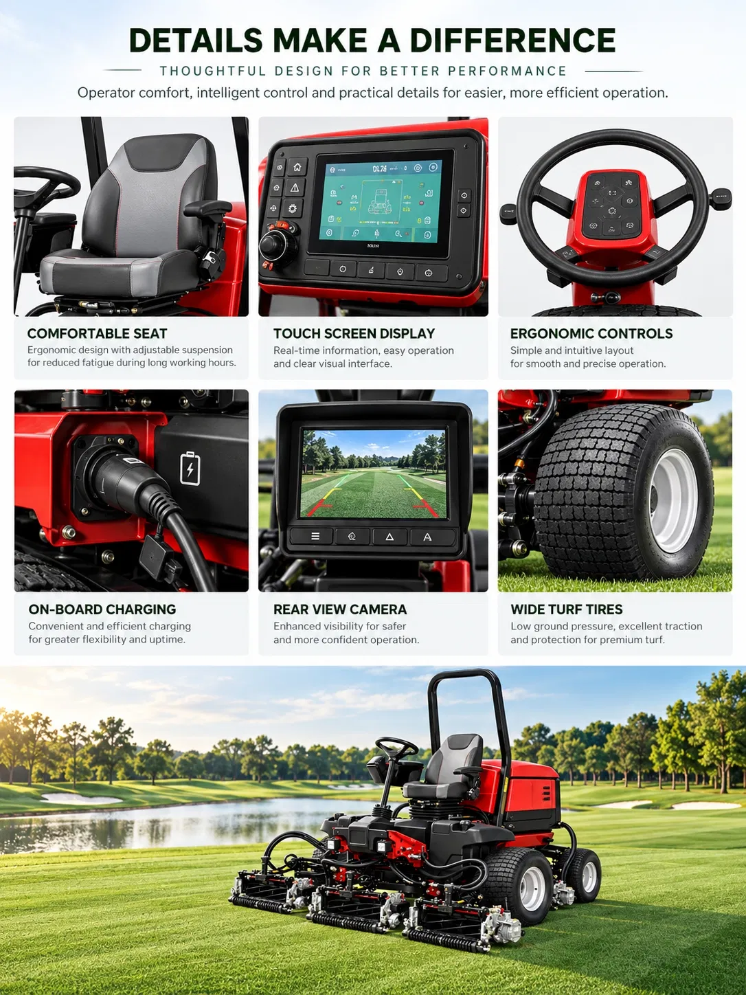 Heavy Duty Electric 5-Gang Reel Lawn Mower 4WD Ride on Fairway Mower for Golf Course Turf