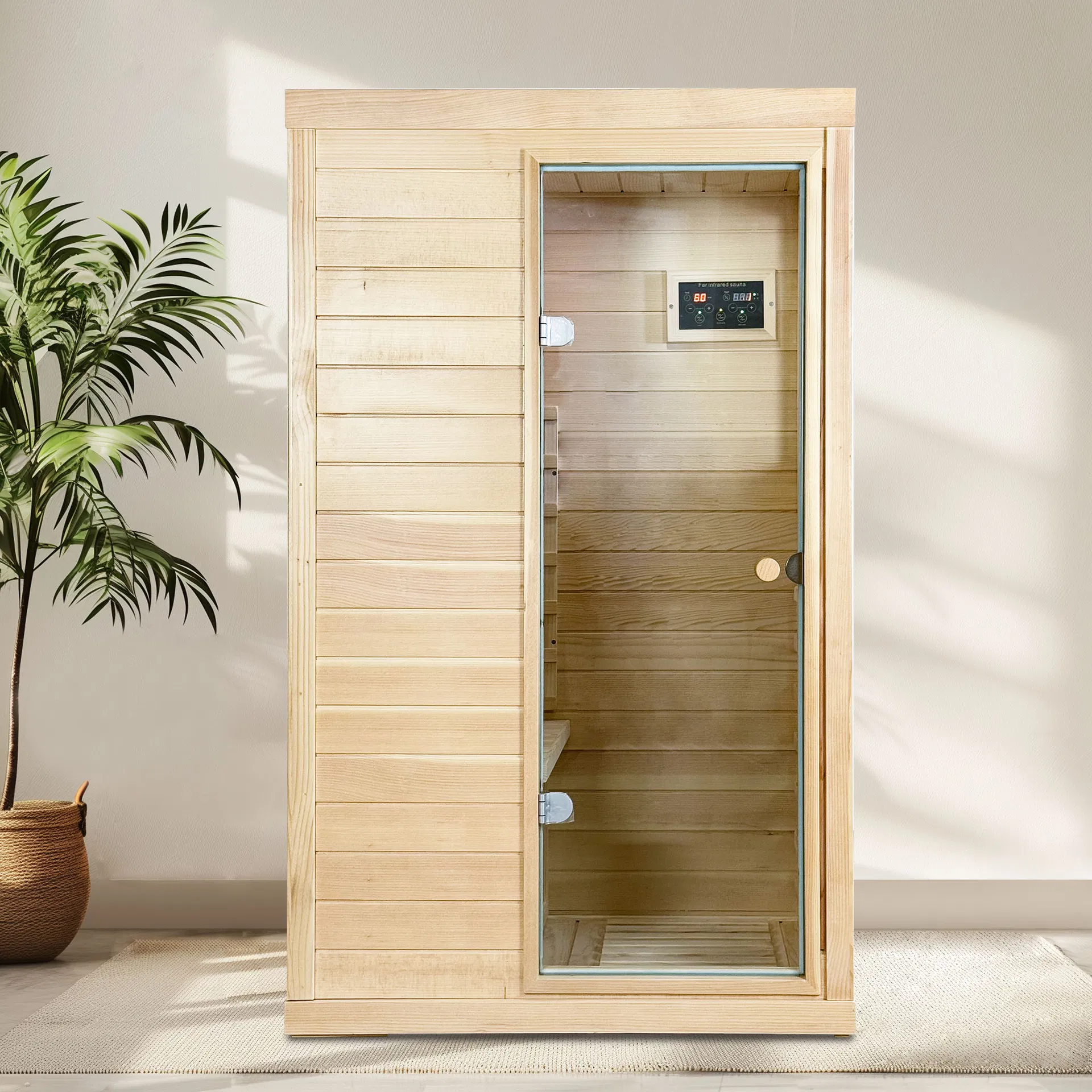Canadian Hemlock Wood One Person Far Infrared Door on The Right of The Indoor Sauna Room