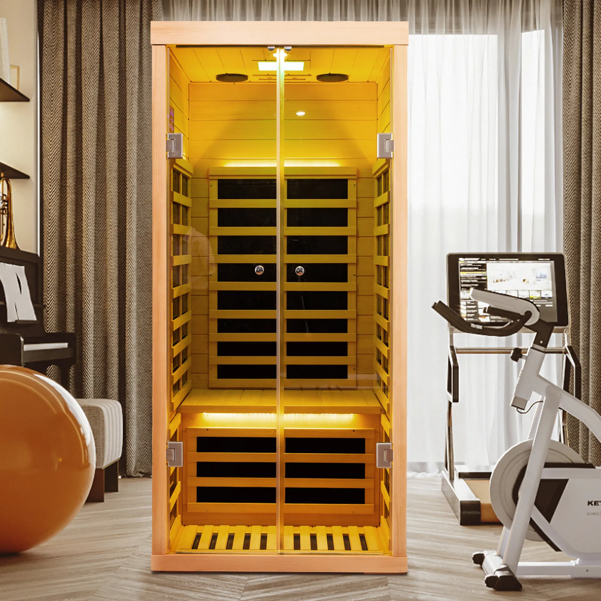 Low Emf One Person Wide Space Hemlock Double Doors Great Glass Luxury Indoor Far Infrared Sauna Room