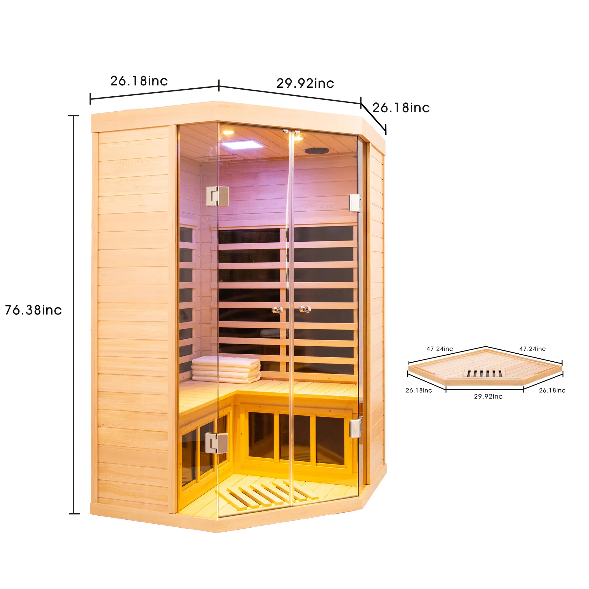 Two Persons Large Glass Front Deluxe Transparent Version Hemlock Far Infrared Corner Sauna Room