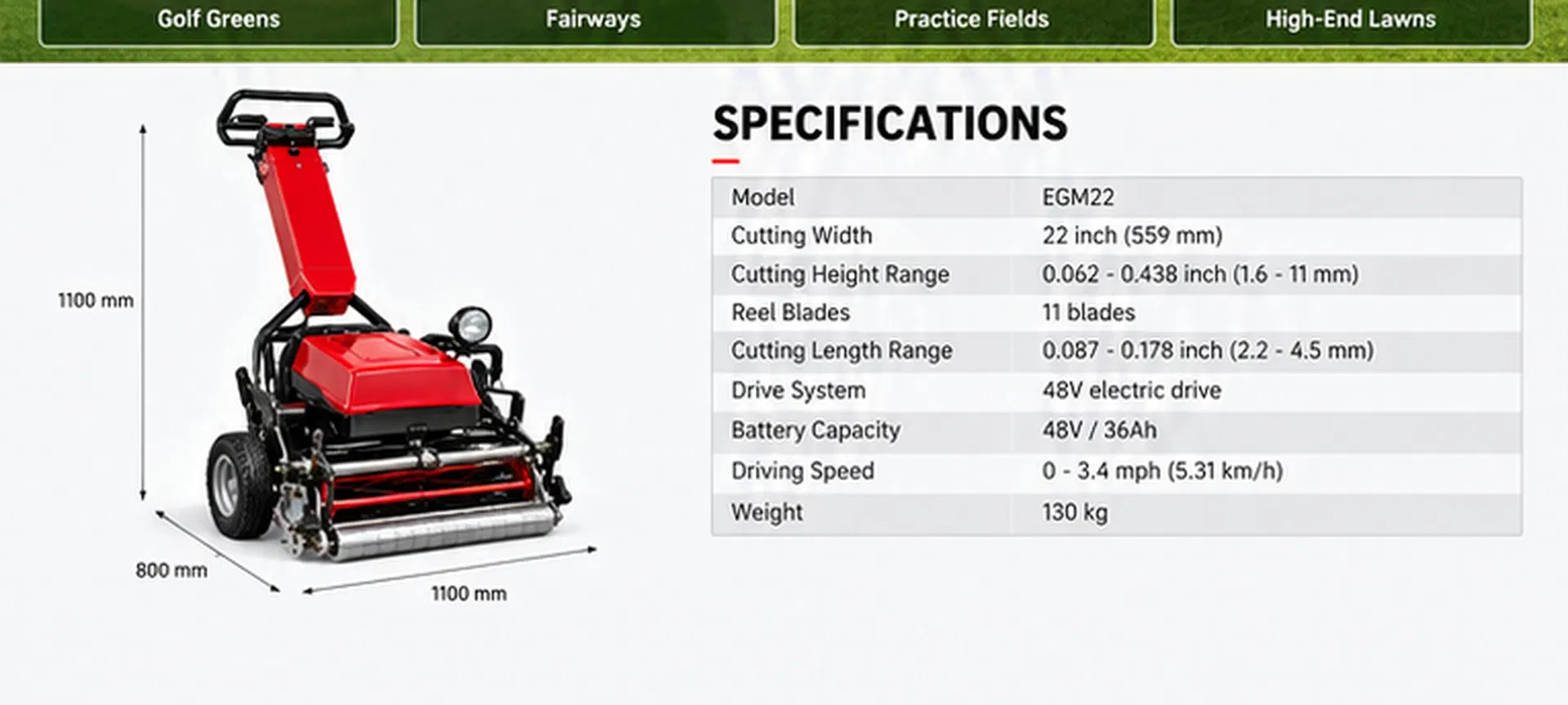 Professional Electric Greens Mower 22 Inch Reel Mower for Golf Course