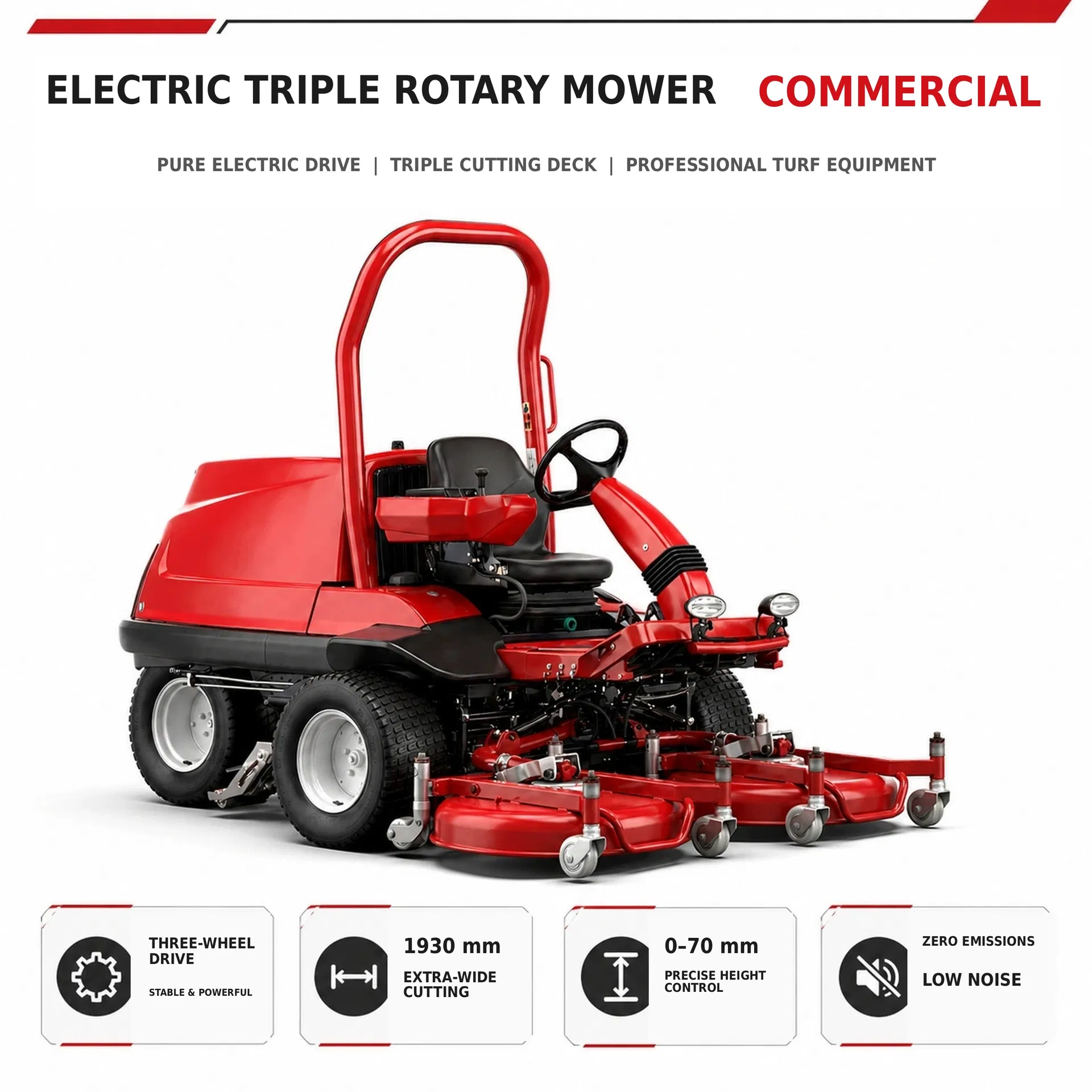 Commercial 3 Deck Rotary Lawn Mower Battery Powered Ride on Turf Cutter 1930mm Working Width for Parks Sports Fields Golf