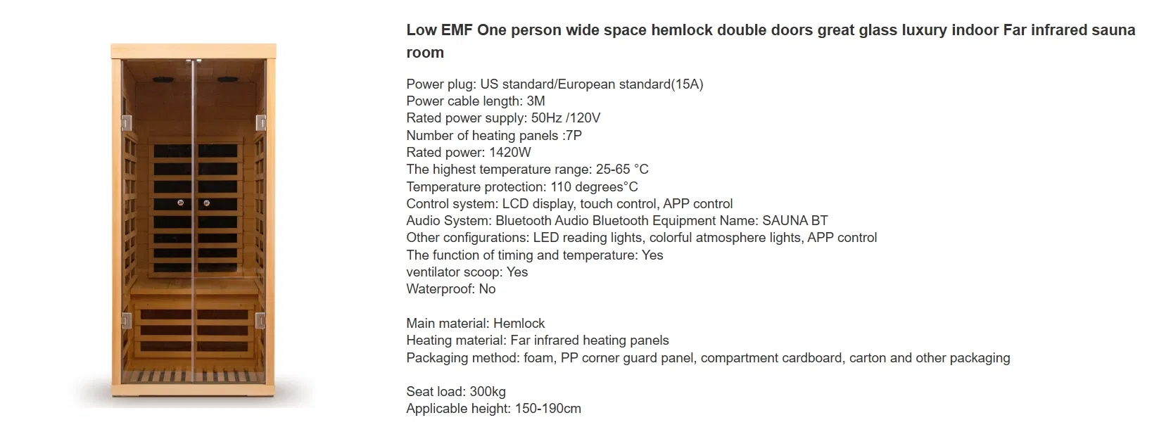Low Emf One Person Wide Space Hemlock Double Doors Great Glass Luxury Indoor Far Infrared Sauna Room