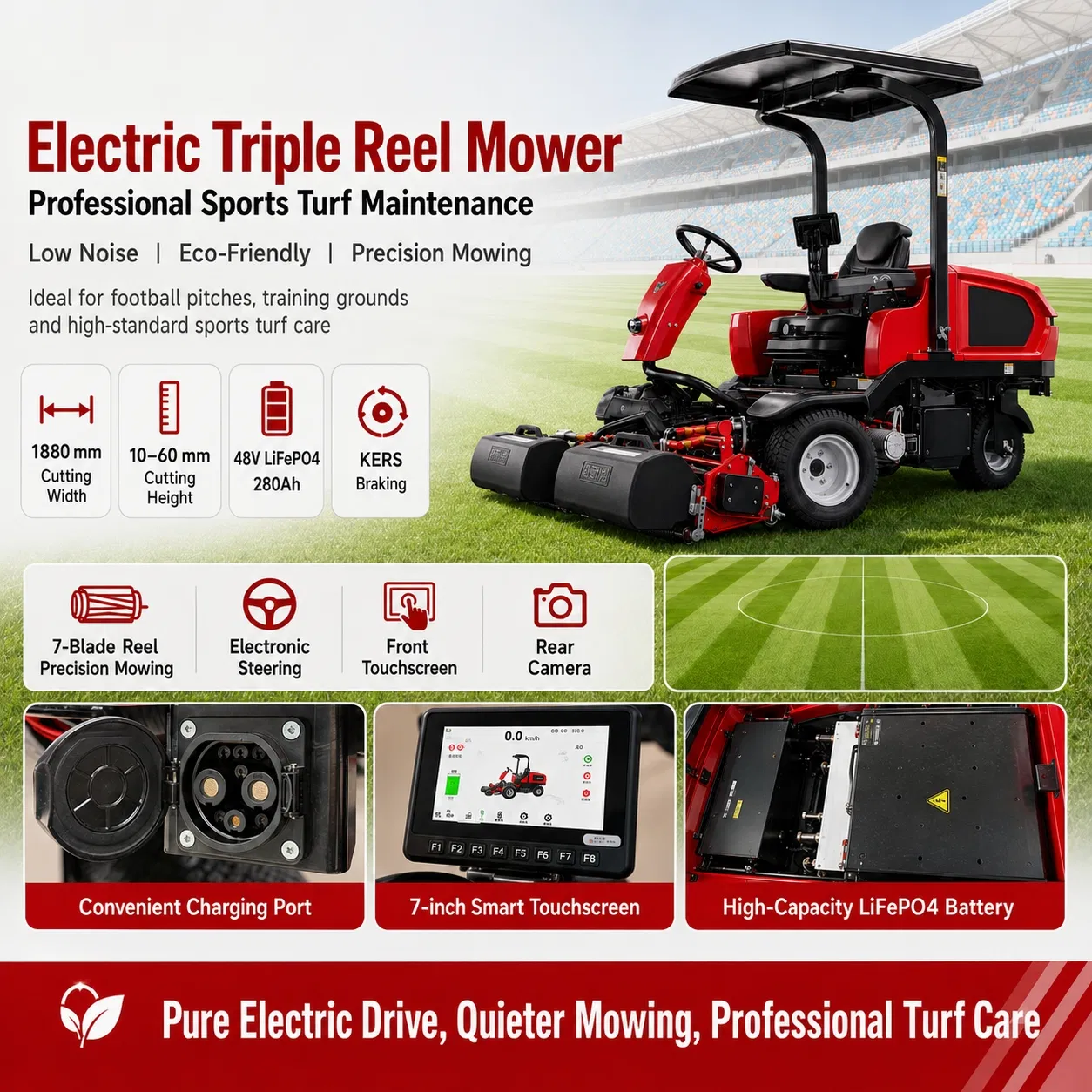 Heavy Duty 48V Electric Reel Mower Triple Unit Ride on Lawn Cutting Machine for Golf Fairways Parks and Sports Grounds
