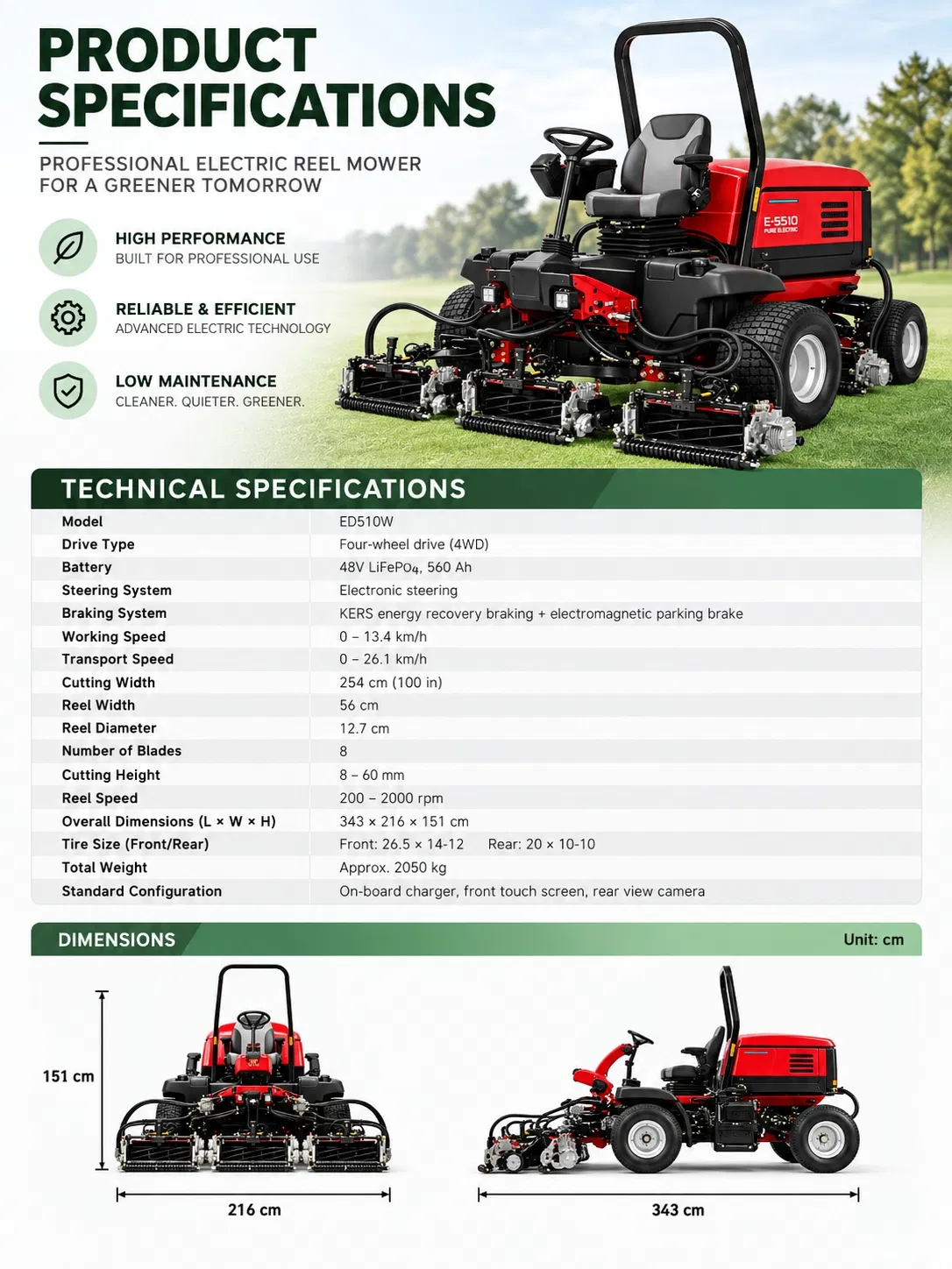 Professional Electric Five-Gang Reel Lawn Mower 100 Inch Cutting Width for Golf Course Fairway