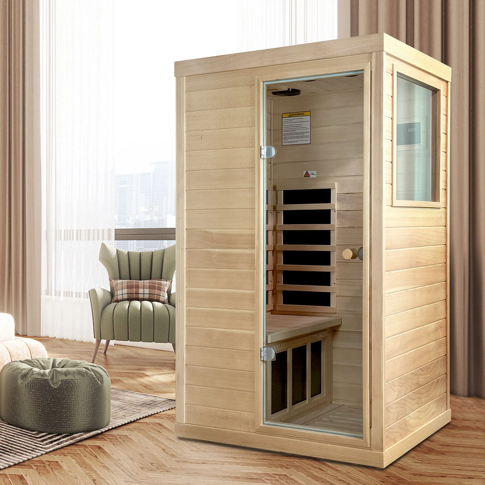 Canadian Hemlock Wood One Person Far Infrared Door on The Right of The Indoor Sauna Room