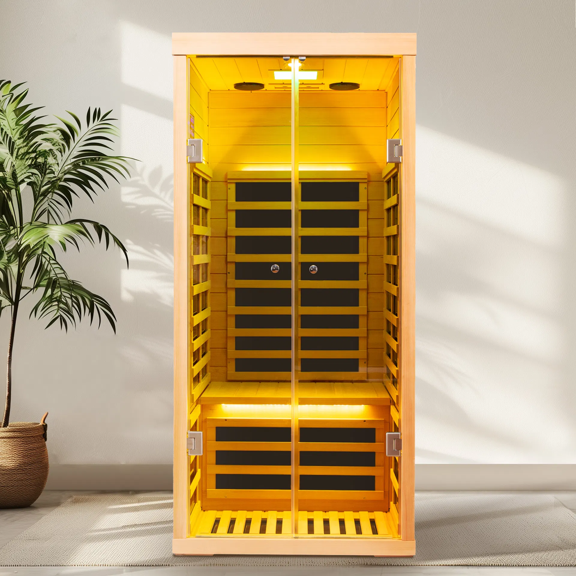 Low Emf One Person Wide Space Hemlock Double Doors Great Glass Luxury Indoor Far Infrared Sauna Room