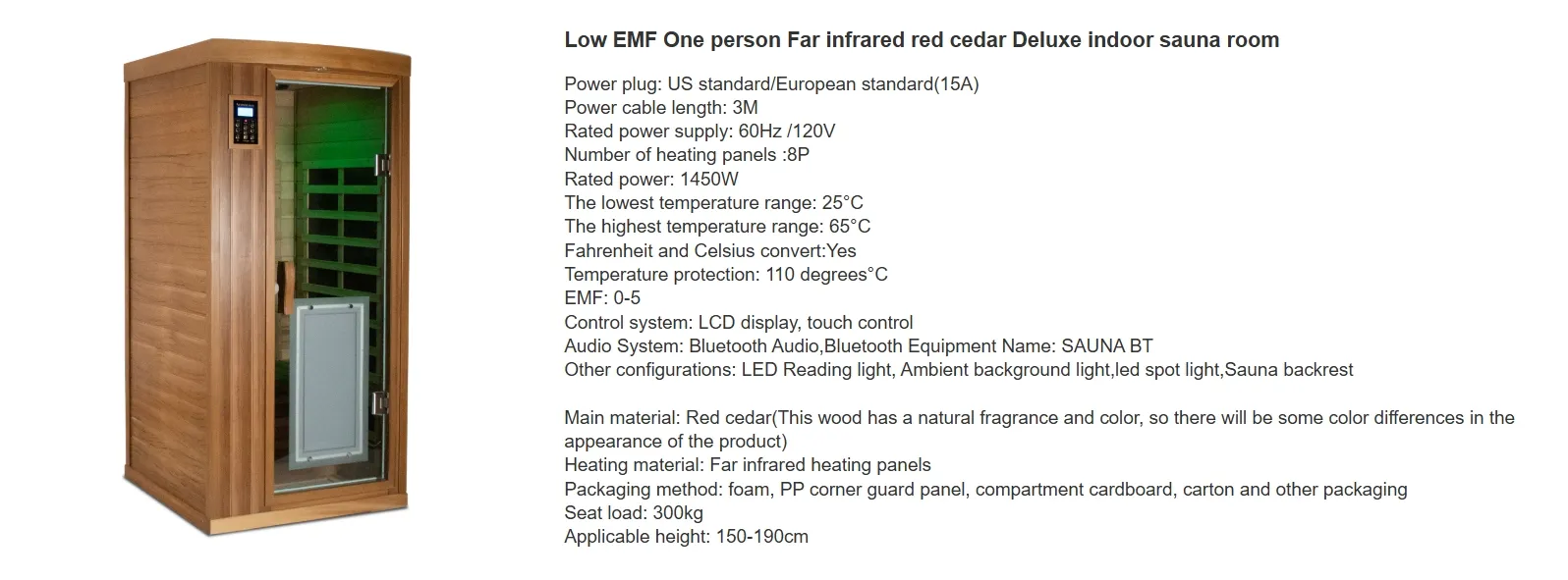 Low Emf One Person Far Infrared Red Cedar Deluxe Indoor Sauna Room
