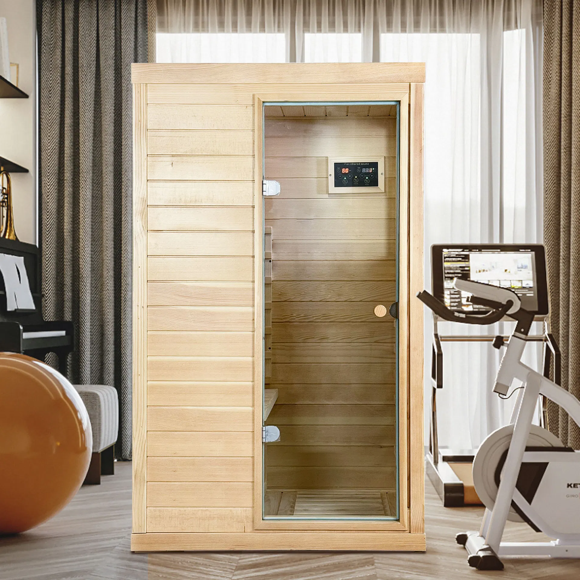 Canadian Hemlock Wood One Person Far Infrared Door on The Right of The Indoor Sauna Room