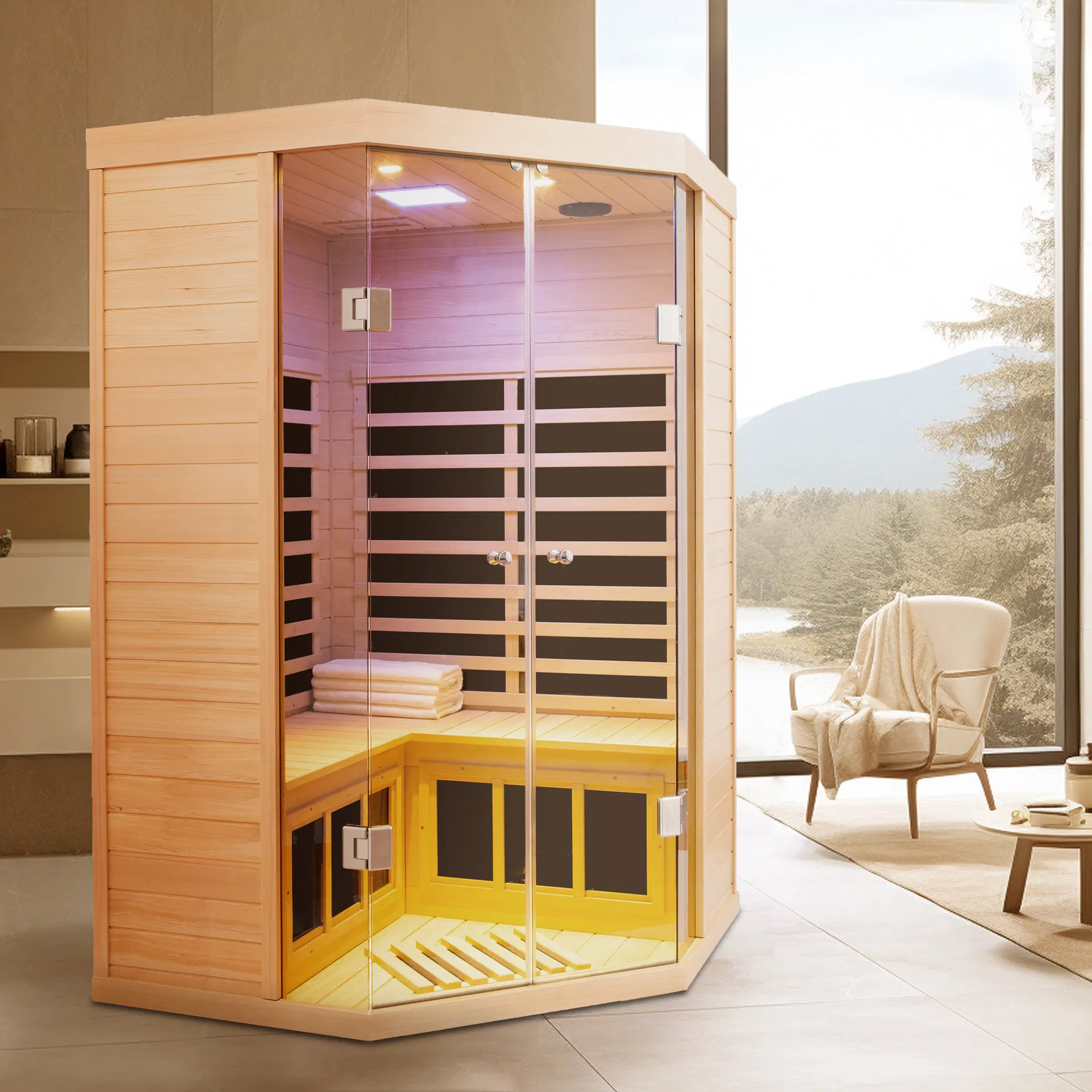 Two Persons Large Glass Front Deluxe Transparent Version Hemlock Far Infrared Corner Sauna Room