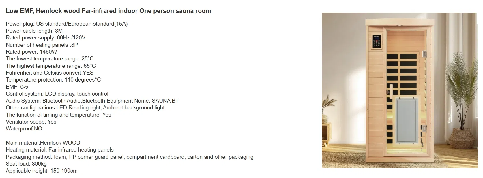 Low Emf, There Is Also a Heating Plate on The Glass Door, Hemlock Wood Far-Infrared Indoor One Person Sauna Room