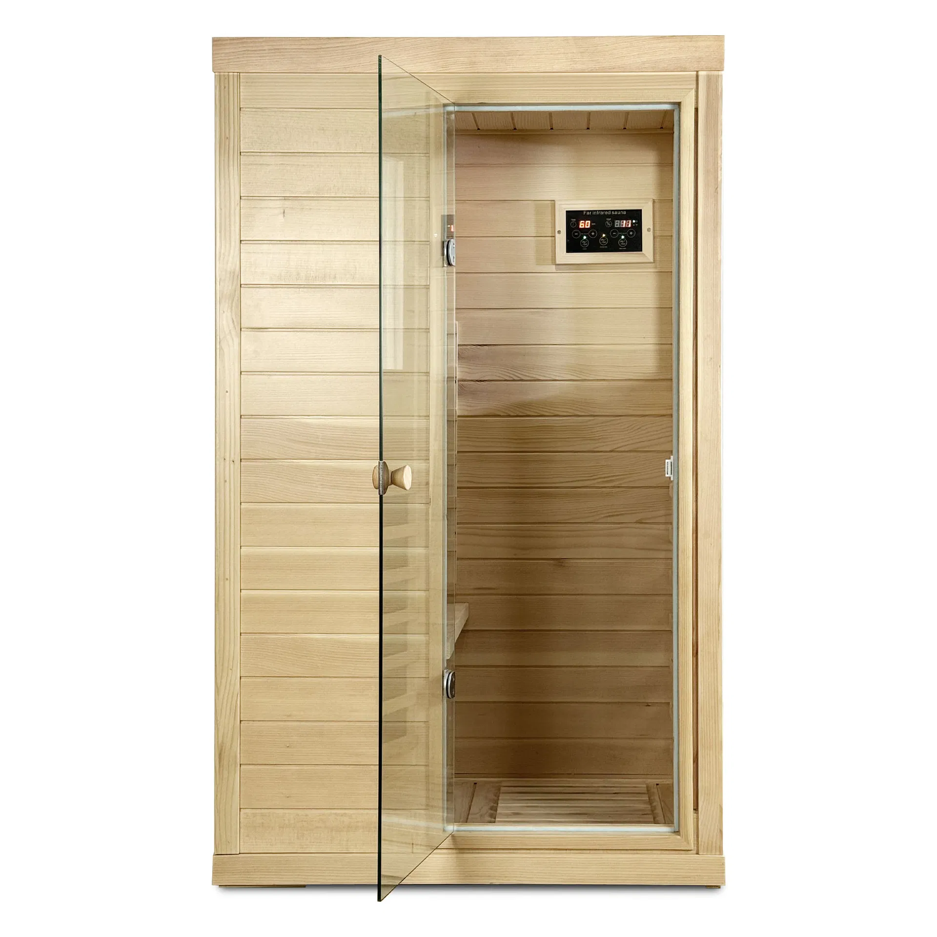 Canadian Hemlock Wood One Person Far Infrared Door on The Right of The Indoor Sauna Room