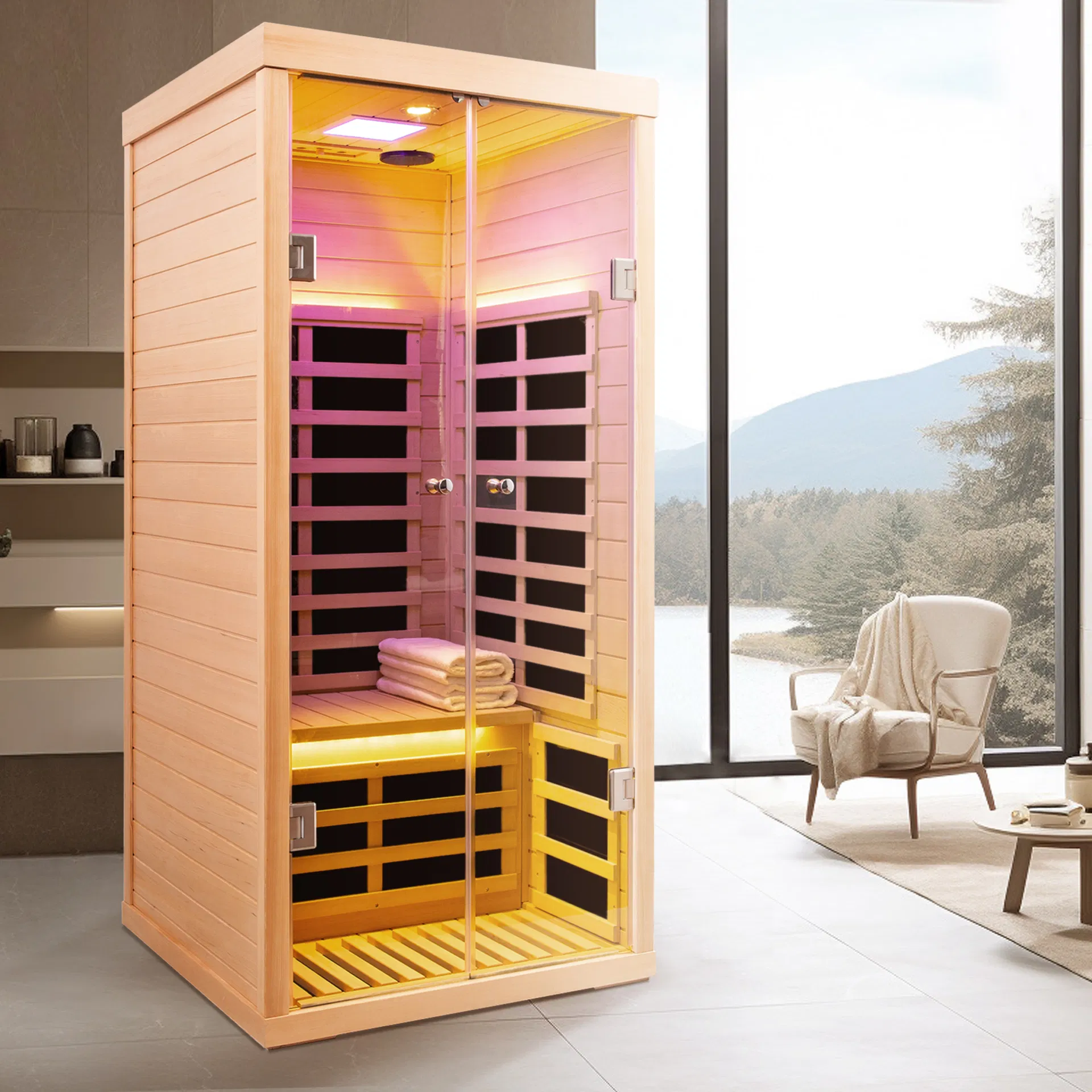Low Emf One Person Wide Space Hemlock Double Doors Great Glass Luxury Indoor Far Infrared Sauna Room