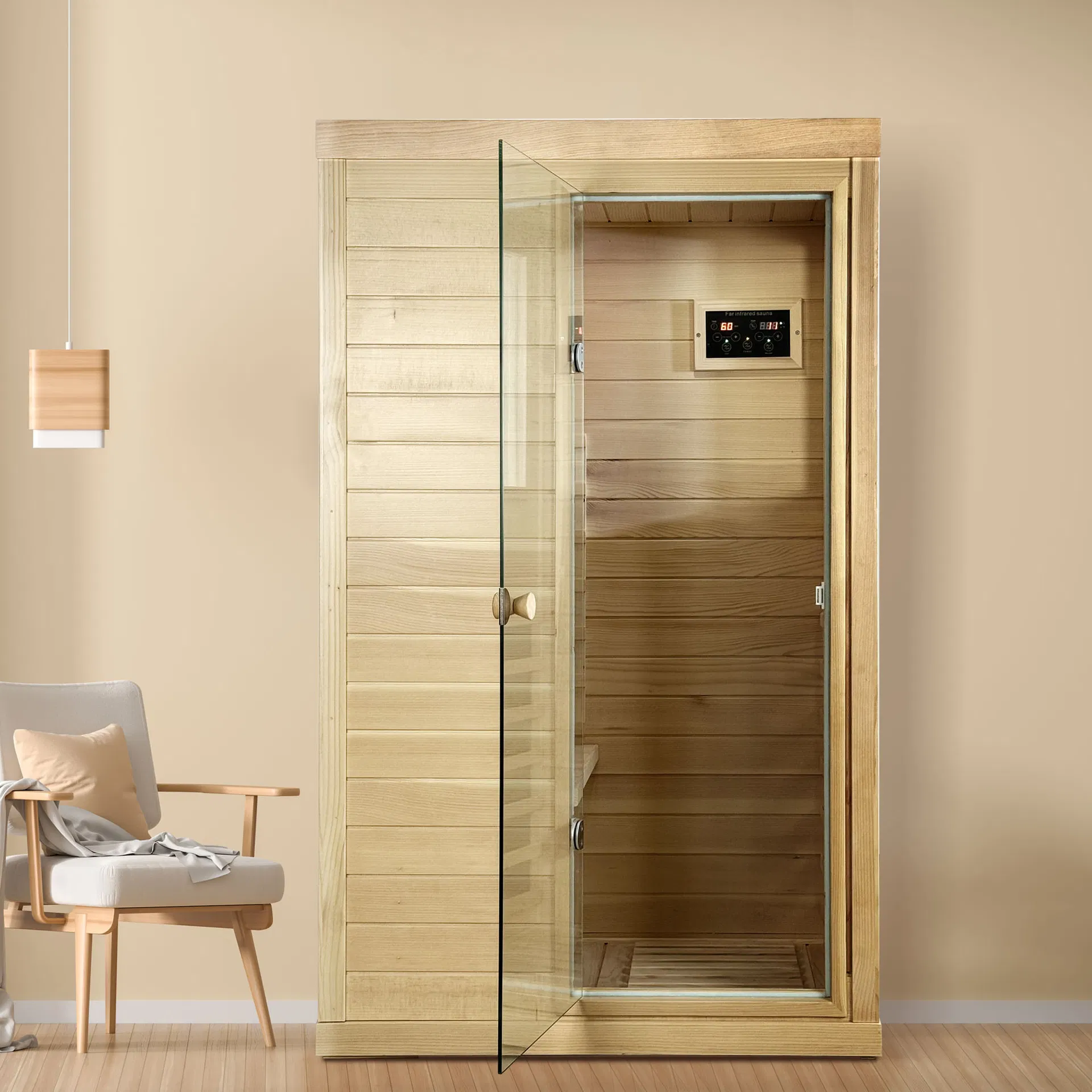 Canadian Hemlock Wood One Person Far Infrared Door on The Right of The Indoor Sauna Room