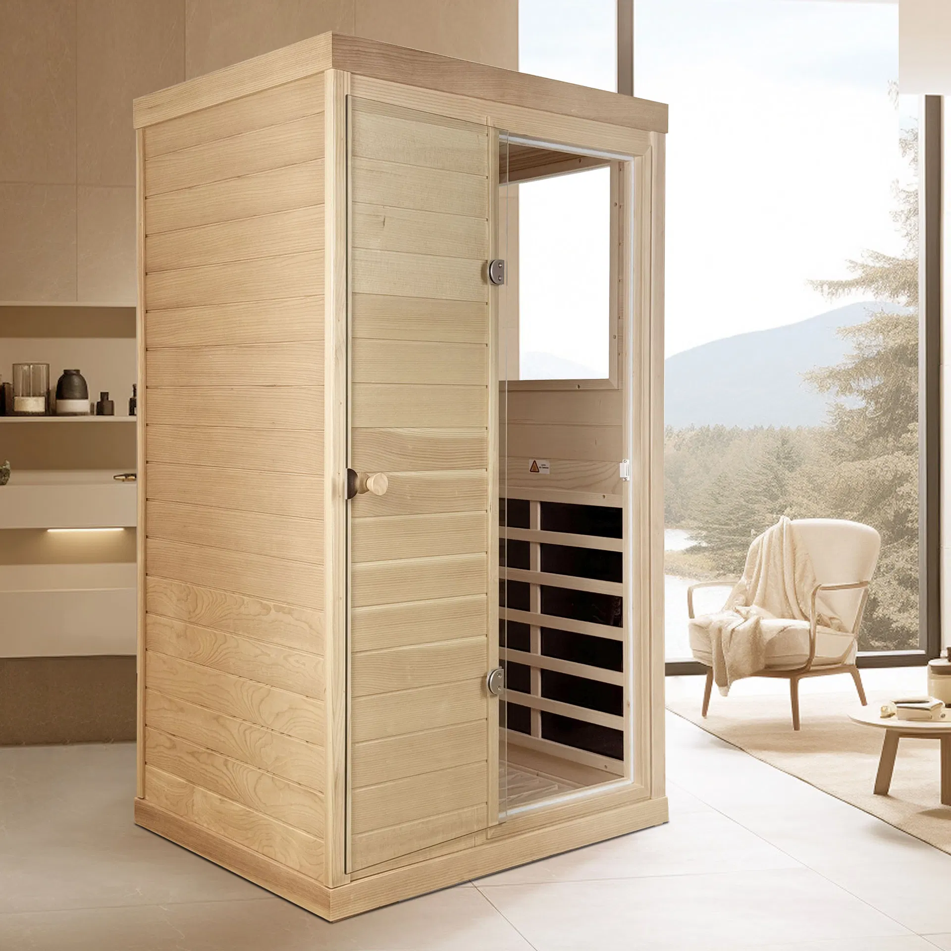 Canadian Hemlock Wood One Person Far Infrared Door on The Right of The Indoor Sauna Room