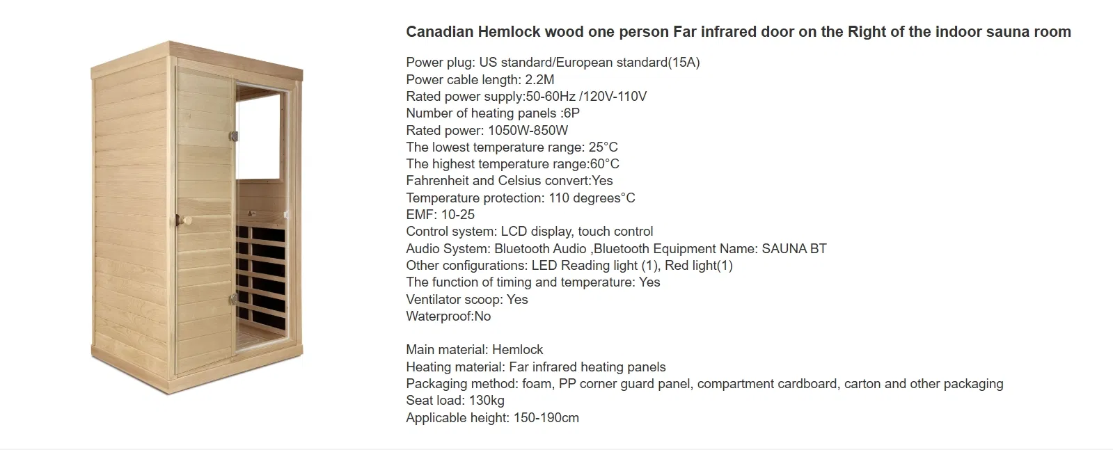 Canadian Hemlock Wood One Person Far Infrared Door on The Right of The Indoor Sauna Room